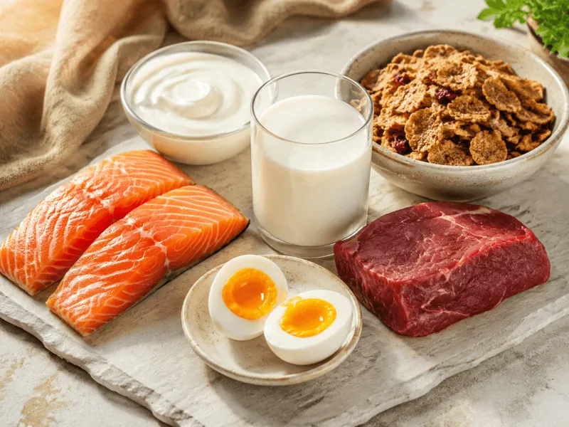 B12-reiche Lebensmittel: Eier, Lachs, Milchprodukte und Fleisch auf einem Holztisch
