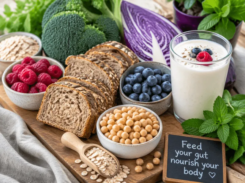 Ballaststoffreiche Lebensmittel wie Vollkornbrot, Haferflocken, Beeren und Joghurt