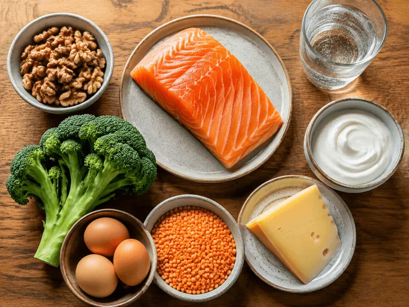 Nährstoffreiche Lebensmittel wie Lachs, Nüsse, Hülsenfrüchte und grünes Gemüse