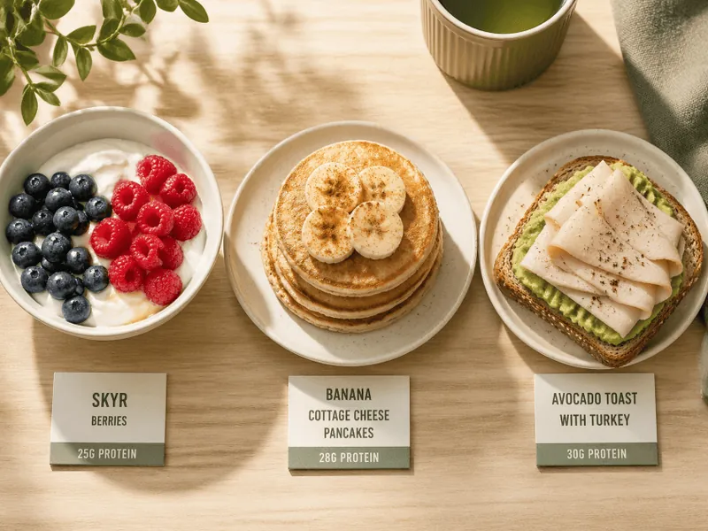 Verschiedene proteinreiche Frühstücksvarianten auf einem Tisch