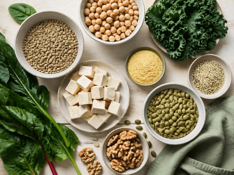 Vegane Lebensmittel wie Hülsenfrüchte, Tofu, Nüsse und grünes Gemüse