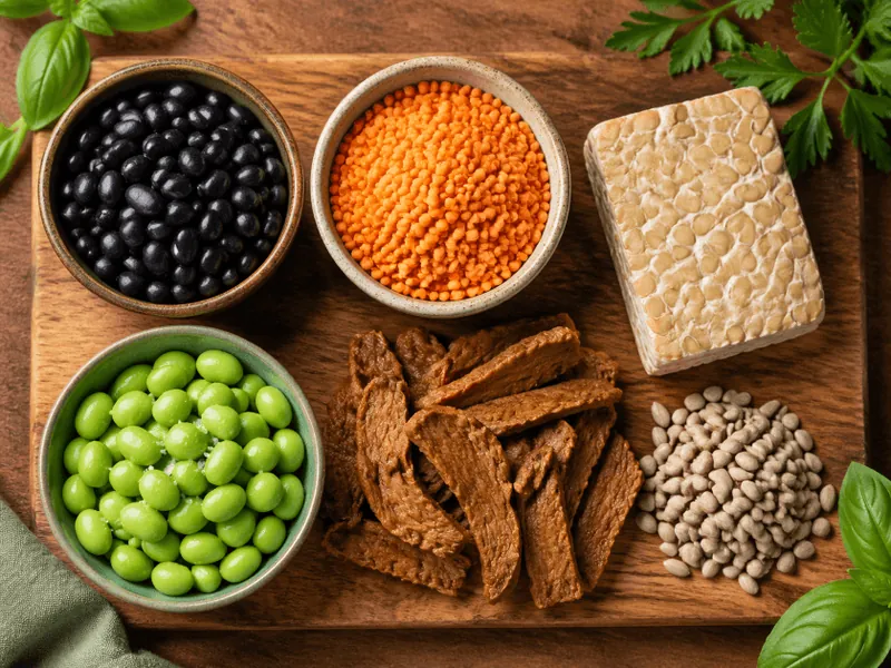 Vegane Proteinquellen wie Linsen, Kichererbsen, Tofu, Edamame und Kürbiskerne
