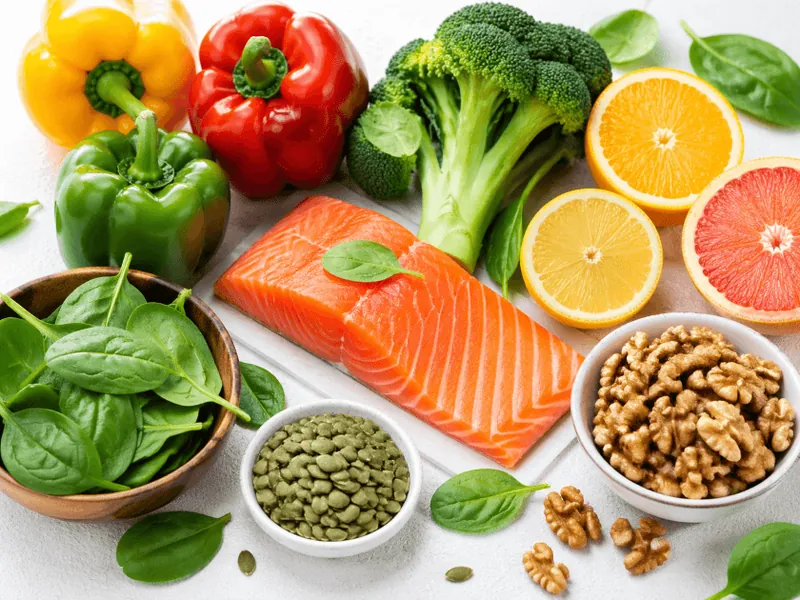 Eiweißreiche Lebensmittel wie Lachs, Nüsse, Kürbiskerne, Spinat und Paprika